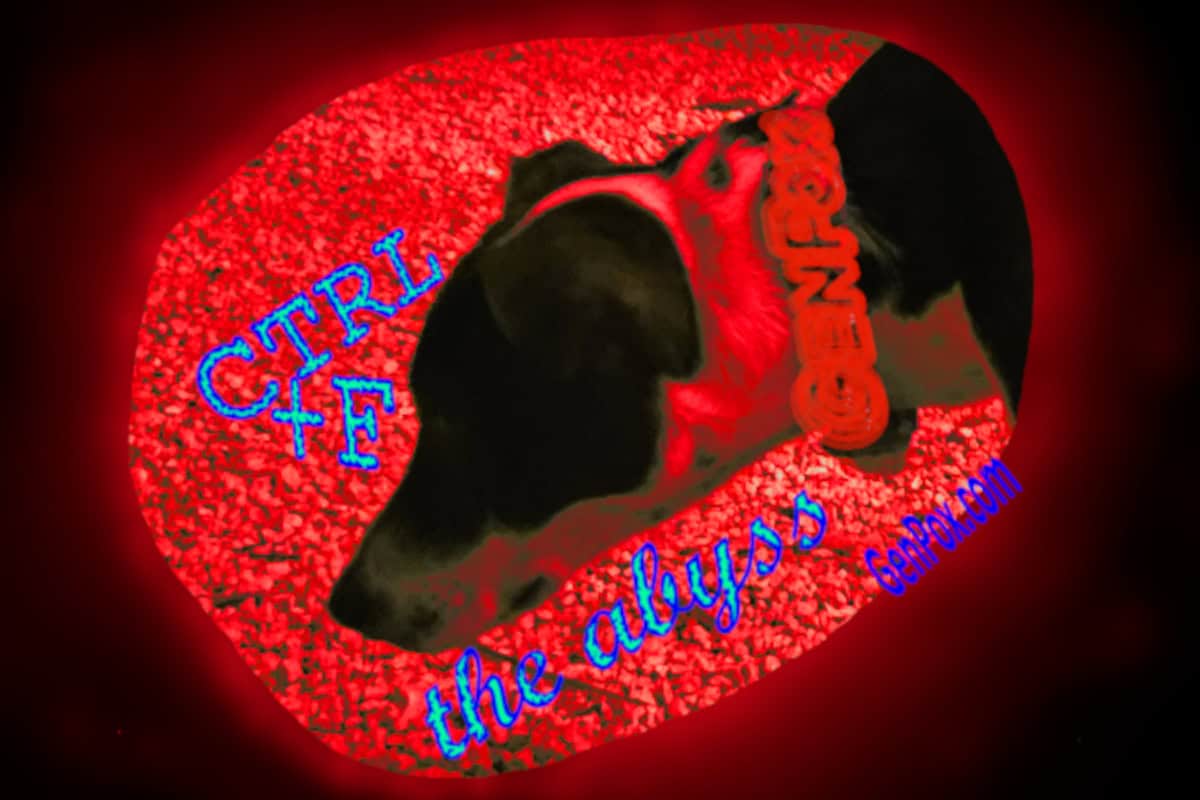 red cut out surrounded by a red aura on a black background. Inside the cutout is a mottled background with the profile of a dog&#039;s face pointing down and to the left, they are wearing a collar that says GENPOX. around the dog&#039;s face are the words &quot;CTRL + F the abyss&quot; in neon blue letters