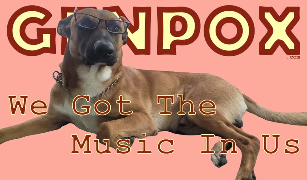 rose background with GENPOX.com at the top in big block letters. in the foreground is a dog laying down with its head up and wearing reading glasses. across it are the words: We Got The Music In Us