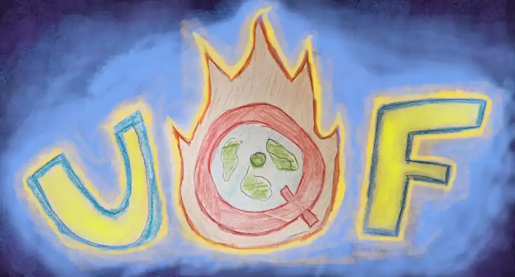 logo for UnQuesting Fire web show. hand drawn block letters of UQF with the center of the Q looking vaguely like a globe with the islands forming a vague radiation symbol. There is a flame surrounding the Q as well