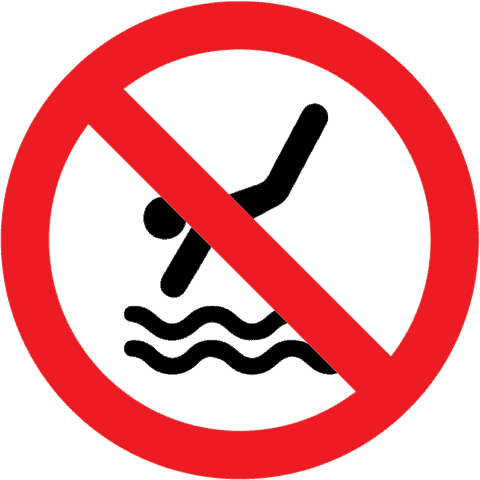 red circle with a line through it over the silhouette of a stick figure diving into water